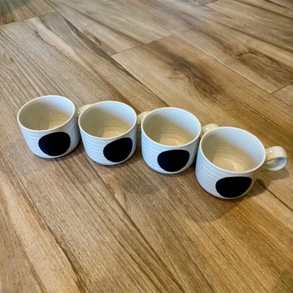 Set of 4 Crate & Barrel Elsa Coffee Tea Mugs White Black Dot Ribbed Glossy